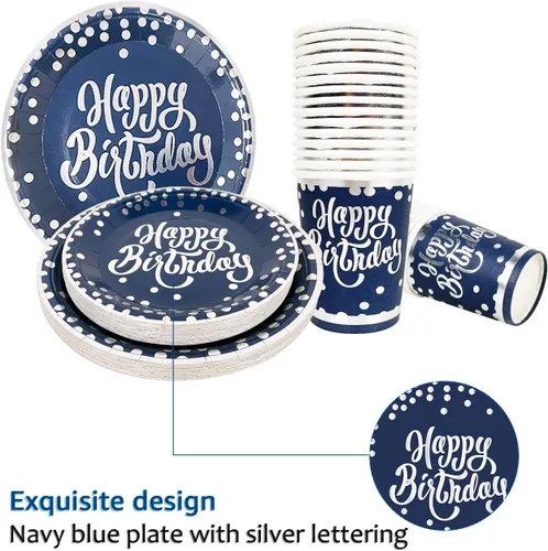 Vista 5 de Suministros para fiesta de cumpleaños de color azul marino y plateado para 25 invitados, incluye platos, tazas y servilletas, globos azul marino