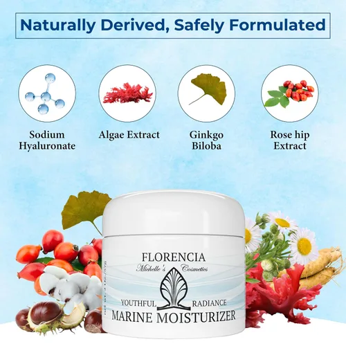 Vista 3 de Florencia Hidratante marino Youthful Radiance; Crema facial y cuello ultra hidratante con ácido hialurónico, reafirmante, restauradora, reductora
