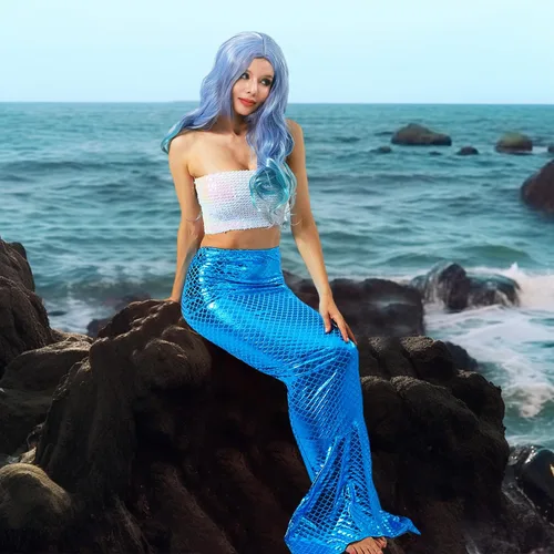 Vista 7 de Cindeer Disfraz de sirena de 3 piezas para mujer, incluye blusa corta de sirena con lentejuelas, parte superior metálica sin tirantes, falda