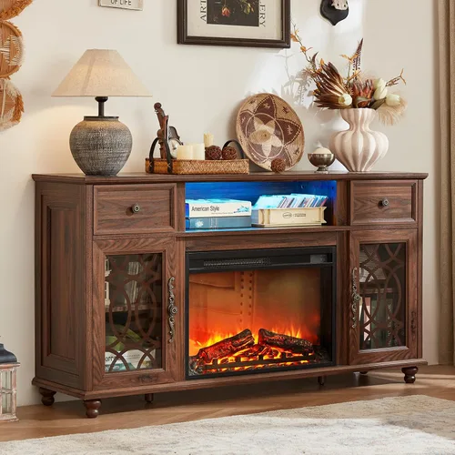 Vista 10 de Joaxswe Farmhouse - Soporte para TV con chimenea eléctrica y luces LED Negro