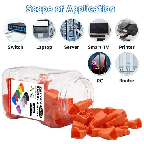 Vista 2 de Botas de plástico blando con conector de cable RJ45, botas de alivio de tensión de cubierta, CAT5 CAT5E CAT6 CAT6 CAT6E Botas Ethernet naranja