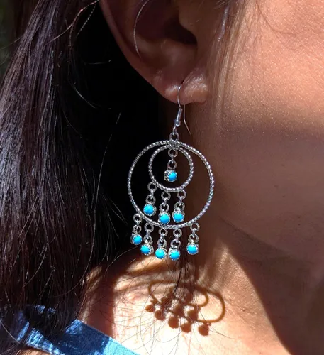 Vista 2 de Native American Sleeping Beauty Turquoise Wire Tiered Loop Dangle Earrings Navajo Handmade Jewelry Southwest