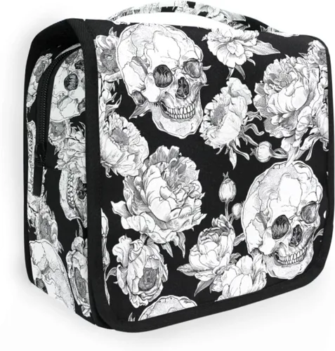 Vista 34 de MNSRUU Neceser colgante con diseño de calavera y girasol, bolsa de maquillaje de viaje para artículos de tocador, organizador de artículos