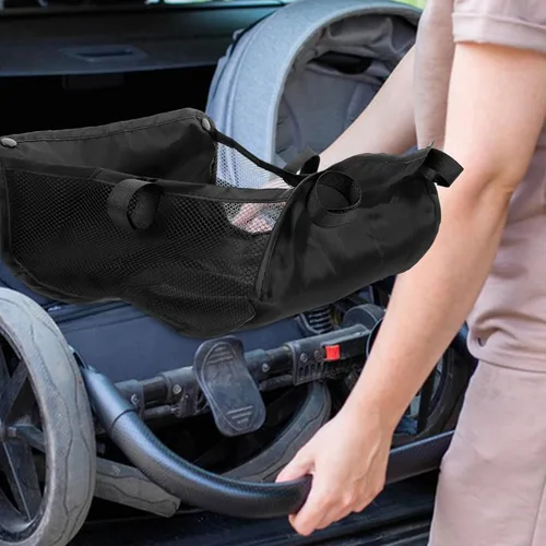 Vista 3 de VOSAREA Cesta de almacenamiento para cochecito de bebé, organizador de silla de bebé, bolsa de red debajo de la cesta inferior, tela Oxford, negro