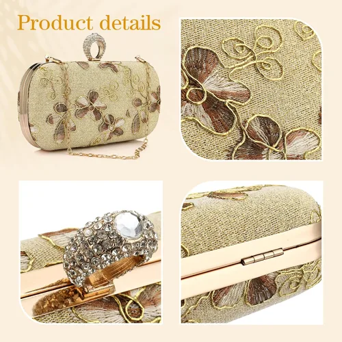 Vista 5 de Bolso de mano dorado para mujer bolso de noche pequeño con asa superior bordado floral bolsa cruzada para boda cóctel fiesta baile de graduación
