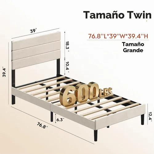 Vista 2 de WLIVE Base de cama tapizada, marcos de cama individual con cabecero, cama de plataforma con listones de madera, base de colchón de 600 libras,