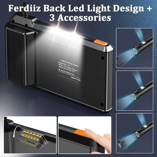 Vista 5 de Endoscopio de doble lente con luz, cámara endoscopio con luz con pantalla IPS de 4.3 pulgadas, HD 1920P con 8 luces LED, cable semirrígido de 16.4