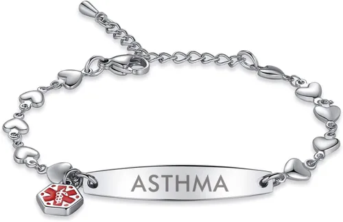 Vista 13 de mnmoom Pulseras de alerta médica para mujeres 6.5-8 pulgadas ajustables corazón links pulseras médicas con grabado