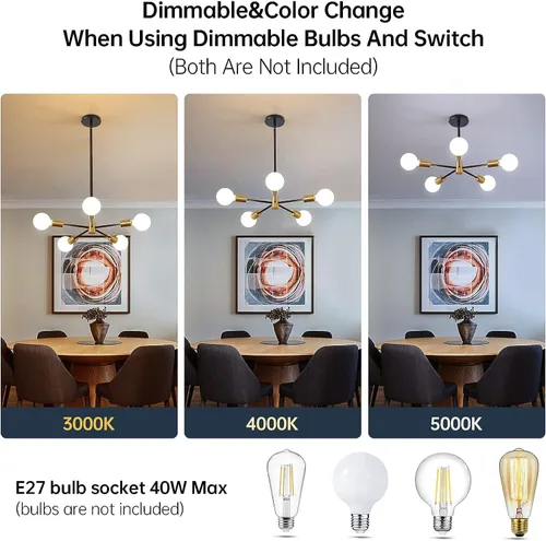 Vista 4 de Candelabro Sputnik MOUFIER, lámpara de techo en negro y dorado, altura ajustable, E27, iluminación moderna de techo, lámpara para sala de estar, 5