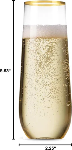 Vista 7 de Munfix Paquete de 48 copas de champán de plástico sin tallo, desechables, 9 onzas, borde dorado, vasos de plástico transparente para tostar