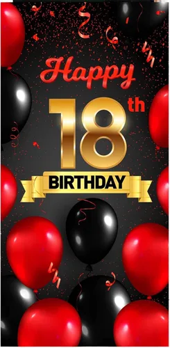 Vista 10 de Cartel de feliz cumpleaños 15 cumpleaños rojo y negro telón de fondo para cabina de fotos, globos de vítores a 15 años de edad, decoración temática