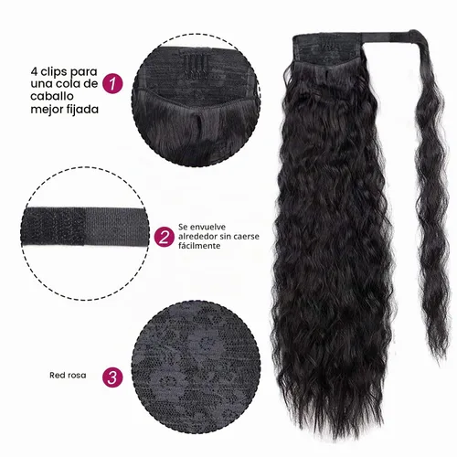 Vista 3 de Extensión de cola de caballo larga con ondas de maíz, pasta mágica, resistente al calor, ondulada, sintética, envolvente, extensión de cola