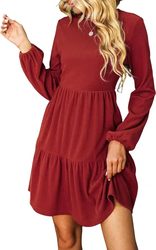 Vista 9 de CUPSHE Minivestido tipo suéter con cuello redondo y manga larga de obispo Naranja quemado