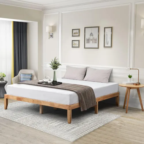 Vista 9 de Marco de cama de madera de goma tamaño Queen con almacenamiento para dormitorio, marco de cama resistente con soporte de listones de madera maciza