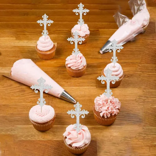 Vista 4 de 24 adornos cruzados para cupcakes con diseño de Dios bendiga y bautismo, para cupcakes de cruz, decoración de primera comunión para tartas