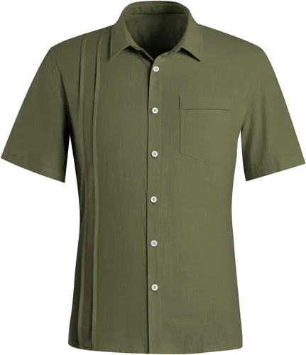 Vista 2 de Ryannology Camisas guayabera de lino de manga corta con botones para hombre, estilo casual, playa, campamento cubano, camisa mexicana para hombre