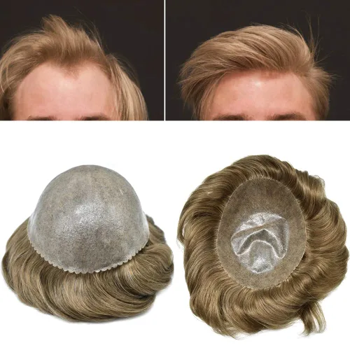 Vista 94 de Toupee para hombres Sistema de reemplazo de cabello humano real para hombres Completo PU Mens Hairpiece de aspecto natural para hombre piezas
