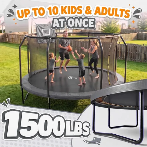 Vista 3 de Trampolín al aire libre con red para niños de 10 pies, 12 pies, 14 pies Negro