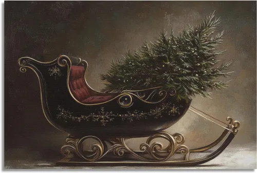 Vista 11 de Arte de pared en lona de árbol de Navidad y pino, póster rústico iluminado de abeto nevado, decoración de pared de vacaciones de invierno antigua