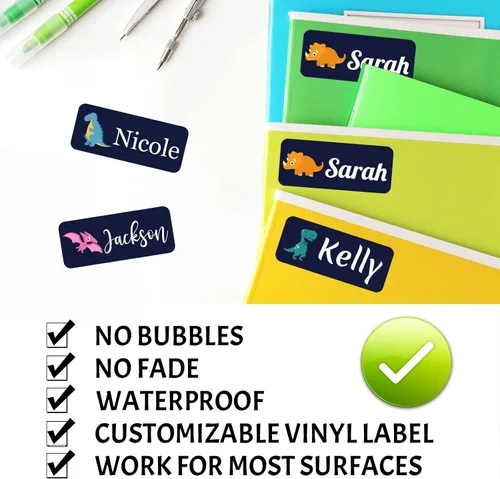 Vista 4 de 100 etiquetas adhesivas de nombre personalizadas para niños, suministros escolares, etiquetas de nombre para botellas de agua de guardería