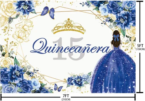 Vista 2 de Sendy SENDY - Telón de fondo de quinceañera para cumpleaños de quinceañera de 7 x 5 pies para fiesta de Dulce Girl Mis Quince Anos, color azul rey