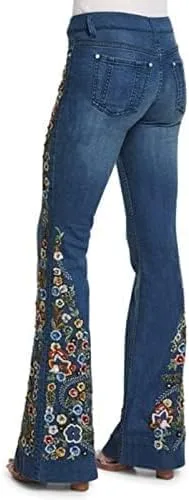 Vista 3 de Jeans acampanados para mujer, jeans bordados florales, elásticos, acampanados, talla grande, pantalones de mezclilla de pierna ancha Y2K