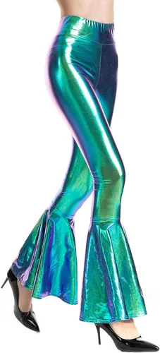 Vista 2 de Pantalones metálicos brillantes y ajustados con parte inferior acampanada para mujer, aspecto mojado, sirena, elásticos, de cintura alta, pantalones