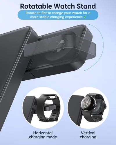 Vista 9 de Cargador Inalámbrico Plegable para Google Pixel Watch 3/2, Estación de Carga Rápida 3 en 1 con Soporte para Pixel 10 Pro XL/10 Pro/9/8/7