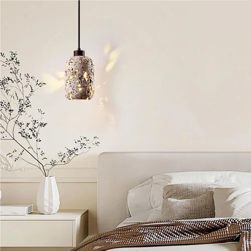 Vista 3 de Mid Century Vintage Pendant Lights Modern Industrial Yellow Travertine Chandelier Natural Hollowout Cylinder Hanging Lamp for Foyer Staircase Hallway