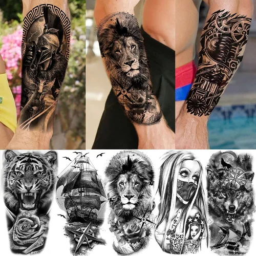 Vista 3 de Bilizar 63 hojas de tatuajes tribales temporales de lobo, león, tigre para hombres, mujeres, adultos, aterradores tatuajes temporales de calavera