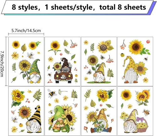 Vista 2 de CRASPIRE 8 hojas de 8 estilos de calcomanías de girasol para ventana, calcomanías de gnomo de primavera, calcomanías autoadhesivas para decoración