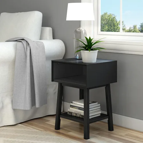 Vista 12 de Plank+Beam Mesa auxiliar de madera con almacenamiento, mesas auxiliares modernas de mediados de siglo para sala de estar, mesita de noche pequeña