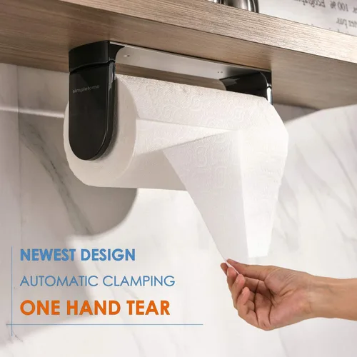 Vista 2 de Simpletome - Toallero de papel para colocar debajo del gabinete con adhesivo o perforación, aleación de aluminio + ABS (negro) tension arms, tear