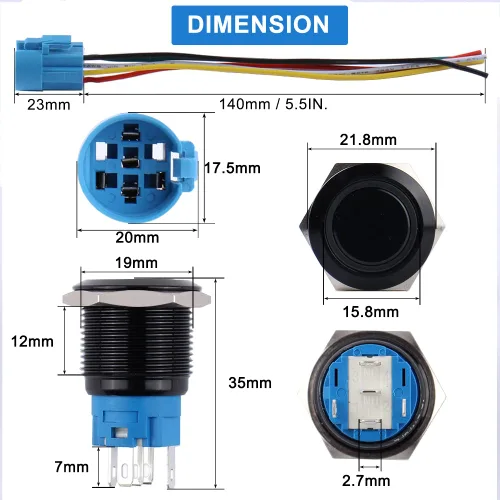 Vista 4 de 2 piezas de interruptor de botón de bloqueo antivandálico de metal impermeable de 0.748 in, carcasa negra autobloqueante con enchufe precableado