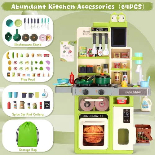 Vista 4 de Juego de cocina para niños, cocina de juego Easface para niños pequeños de 1 a 3 años con sonido y luz, estufa de cocina con vapor, fregadero