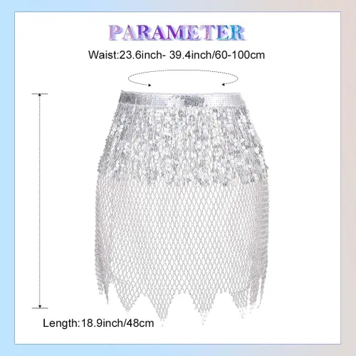 Vista 2 de Nicute Falda de lentejuelas con flecos, falda de danza del vientre, falda de malla brillante para festivales rave, disfraz para mujeres y niñas