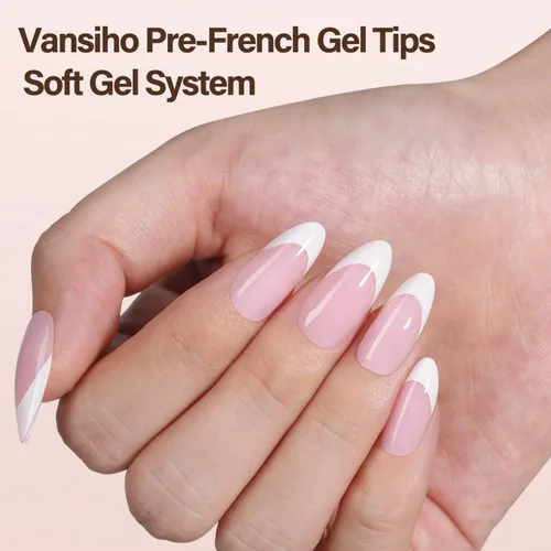 Vista 2 de Vansiho Uñas postizas de gel francés de almendra media, uñas suaves rosadas