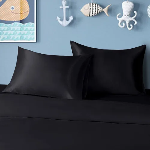 Vista 5 de BEDSUM Paquete de 2 fundas de almohada de satén de seda para niños pequeños, fundas de almohada sedosas de lujo con cierre de sobre para bebés Negro