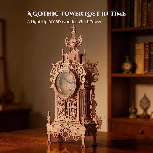 Vista 8 de FUNPOLA Rompecabezas de madera 3D Reloj de torre LED, rompecabezas 3D edificio de escritorio, modelo de bloques de construcción arquitectónicos