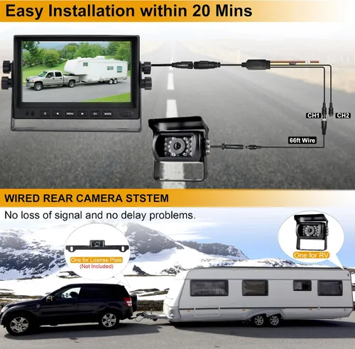 Vista 3 de Cámara de respaldo para caravana, HD 1080P cámara trasera con cámara de respaldo con monitor de 7 pulgadas para caravana, camión, remolque
