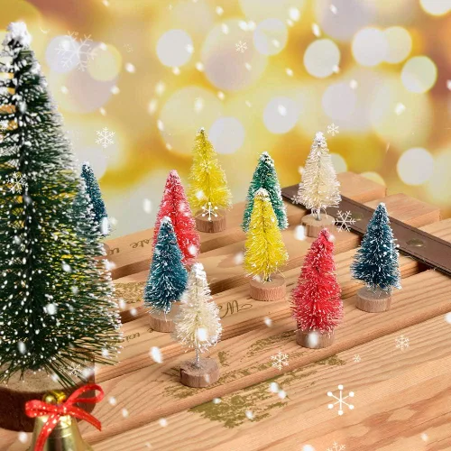 Vista 5 de Mini árbol de Navidad artificial, 24 piezas, multicolor mini cepillo para botellas, árboles helados con base de madera para escenas en miniatura