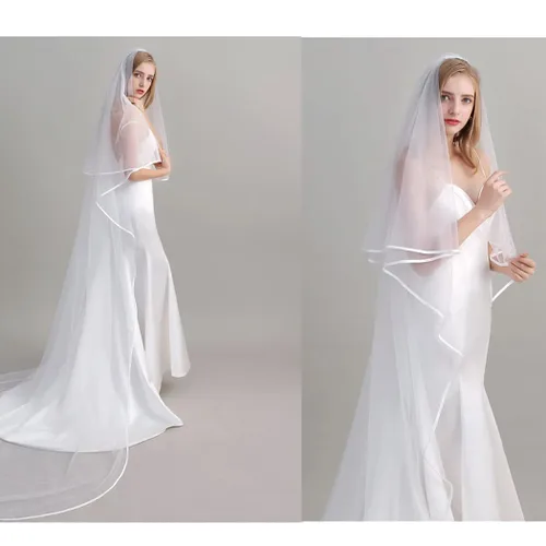 Vista 3 de Unsutuo 2 Tiers Bride Wedding Veil Ivory Ribbon Cathedral Veil Bridal Tulle Veil for Women and Girls Ivory