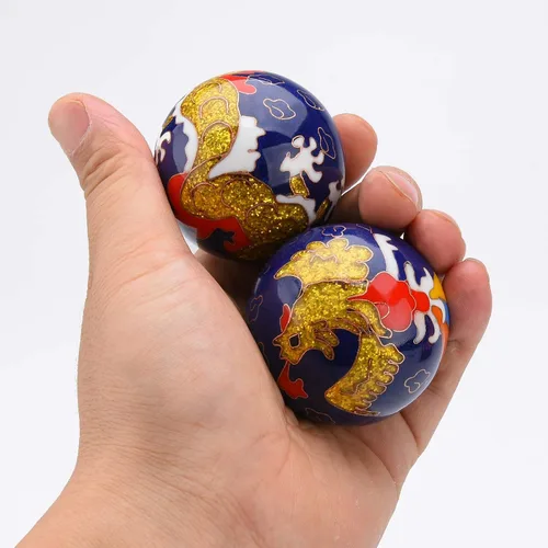 Vista 3 de BRABUD Bolas de Baoding de 1.97 pulgadas para ejercicio de mano, bolas de estrés con campanillas, patrón de dragón y fénix, bolas azules con caja