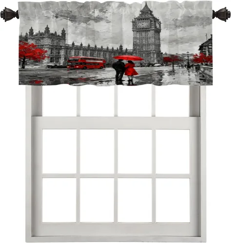 Vista 112 de Cortinas opacas de cocina con pintura al óleo de Europa rosa y negra para ventanas, cenefas opacas modernas de torre Eiffel de poliéster multicapa