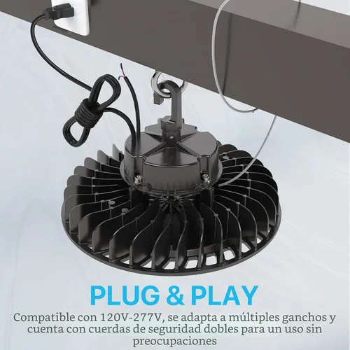 Vista 5 de HYPERLITE Luces LED High Bay de 100 W, 14,500 lm (145 lm/w) 5000 K, 1-10 V, regulable, cable de 5' con enchufe de 110 V, gancho de EE. UU., listado