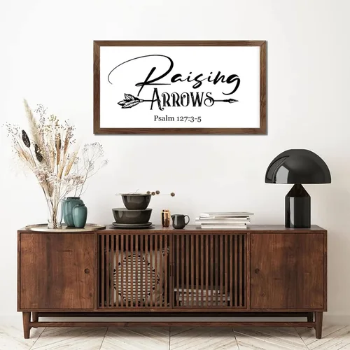 Vista 8 de Letrero artístico de madera de 12 x 22 pulgadas con cita motivacional con flechas de elevación, versículo bíblico, marco de madera de albaricoque