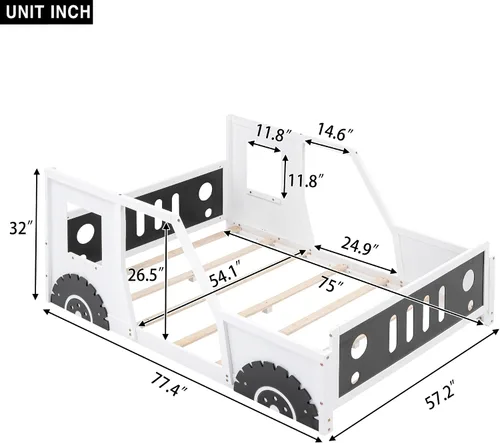 Vista 2 de SOFTSEA Cama Montessori de tamaño matrimonial con valla y puerta, plataforma de madera con ruedas para niños y niñas, soporte de listones de madera
