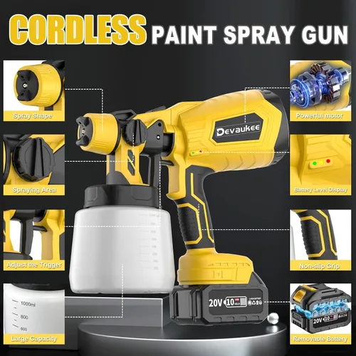 Vista 2 de Pulverizador de pintura inalámbrico de 4.0Ah con batería y cargador, pistola de pintura eléctrica de 800 W con 5 boquillas y 3 patrones