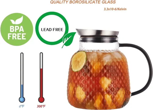 Vista 5 de Purefold Jarra de vidrio de 40 onzas "Serie Piña" con tapa de acero inoxidable, jarra para agua fría/caliente para café, limonada, té solar helado
