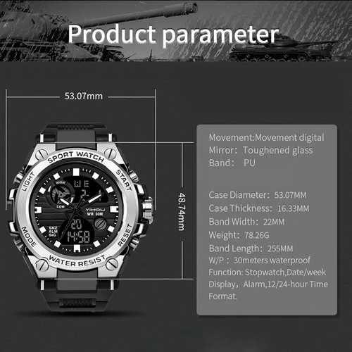 Vista 7 de Reloj militar para hombre, reloj electrónico para deportes al aire libre, reloj táctico del ejército, cronómetro LED, impermeable, relojes